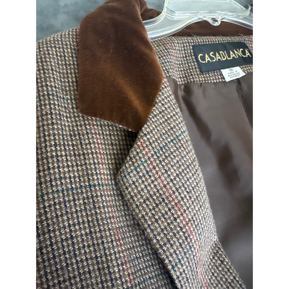 VTG Casablanca Brown Houndstooth Blazer Velvet Collar Size 16 Jacket